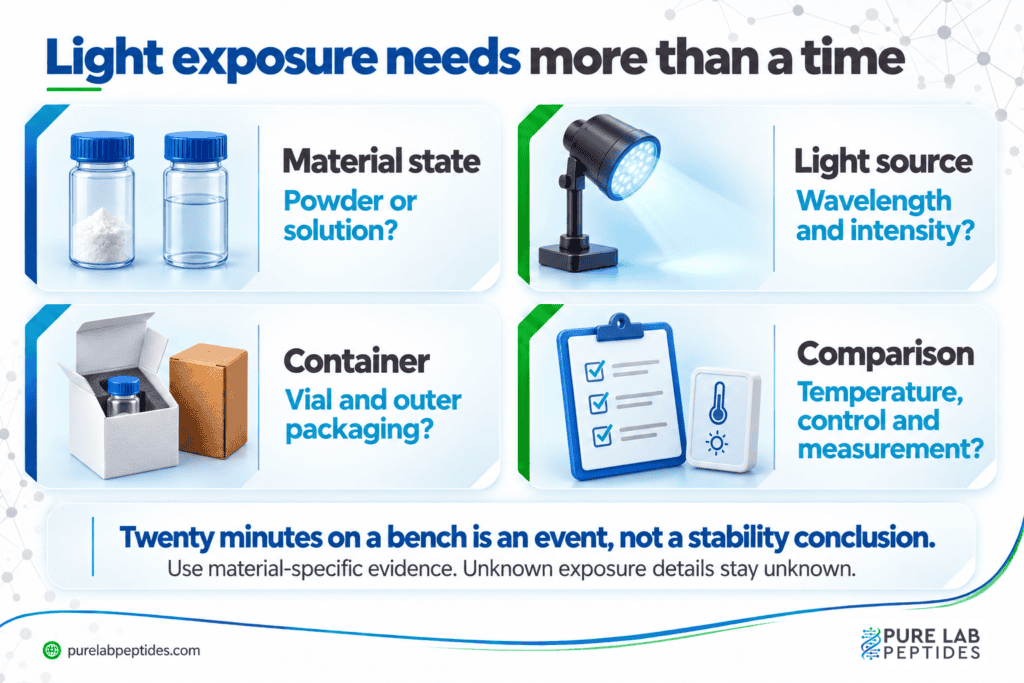 A photostability record includes material state, light source, container and a suitable comparison.